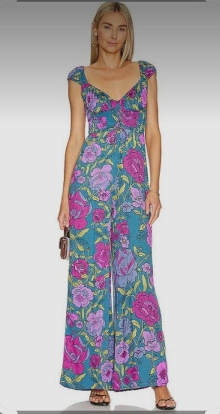 Free People Rolling Hills Floral Wide Leg Jumpsuit Bluebell SZ XS Boho Retro